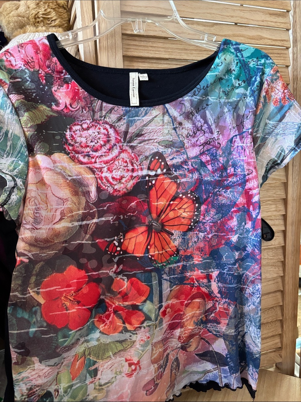 Susan Lawrence Floral Butterfly Print Short Sleeve Top - Multicolor Large